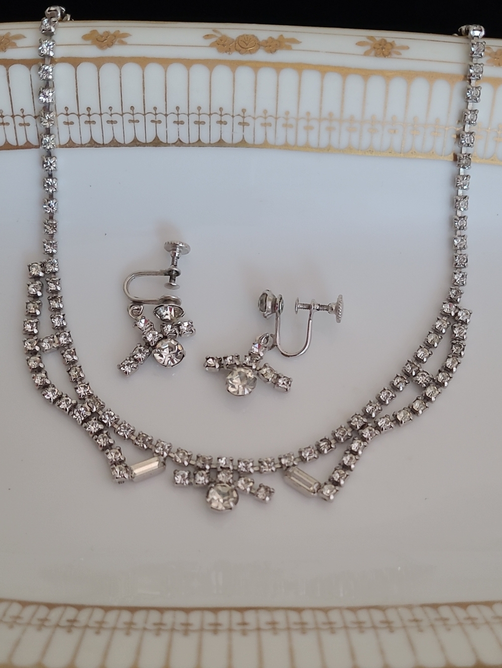 Vintage 1950s Duane Rhinestone Necklace and Earring Demi-Parure Signed Set